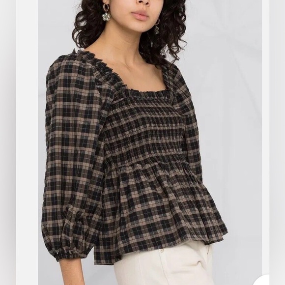 Ganni Tops - GANNI Checked Seersucker puff-sleeve blouse